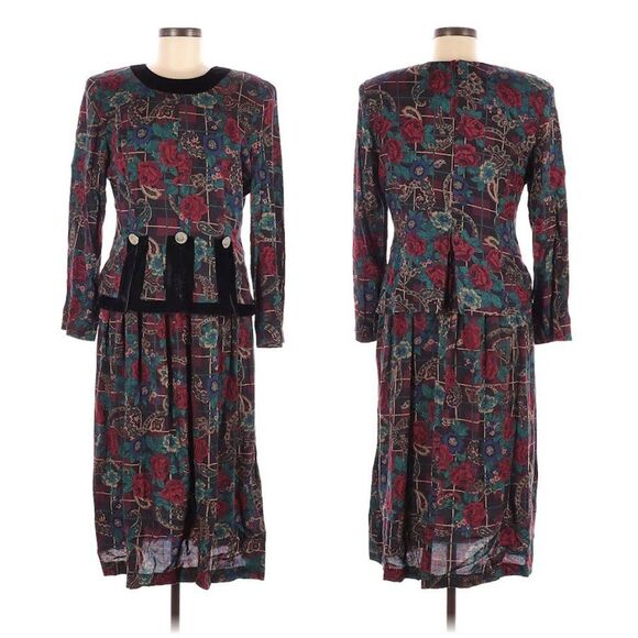 Vintage 90s Melissa Harper MHM Midi Dress Rose Paisley Velvet Peplum Size 8 - Picture 1 of 9